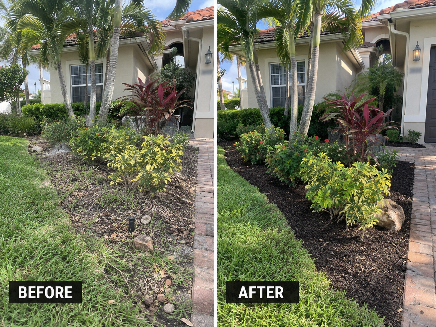 Garden beds before and after fresh mulch installation