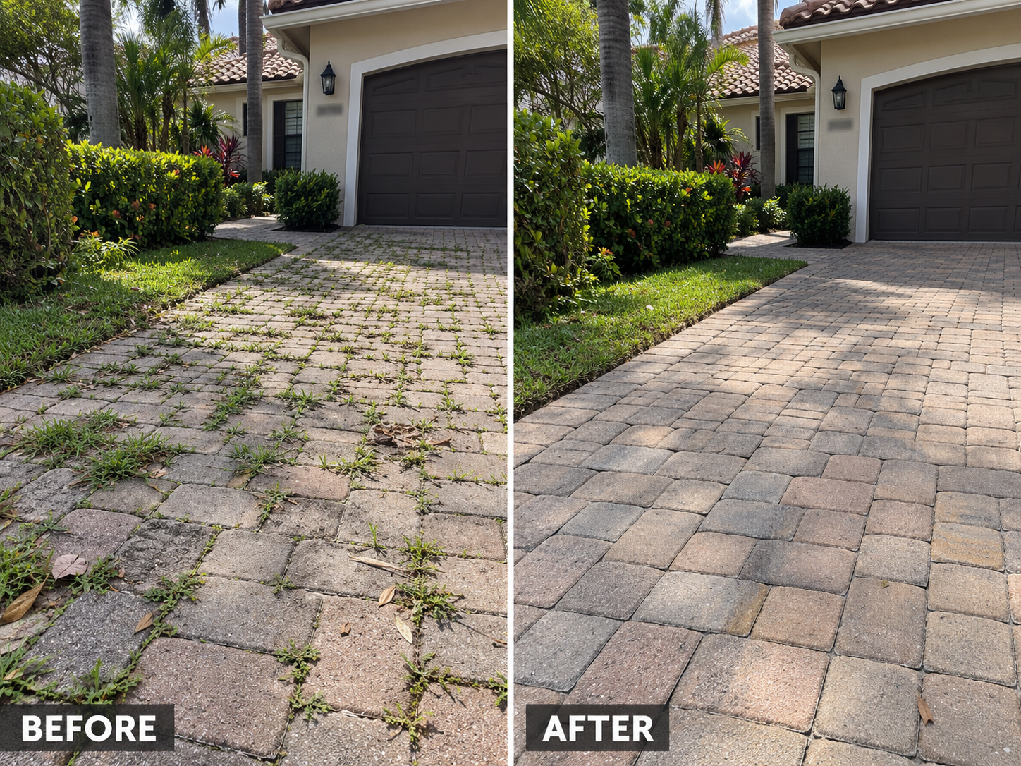 Weeds between driveway pavers before and cleared joints after weed removal