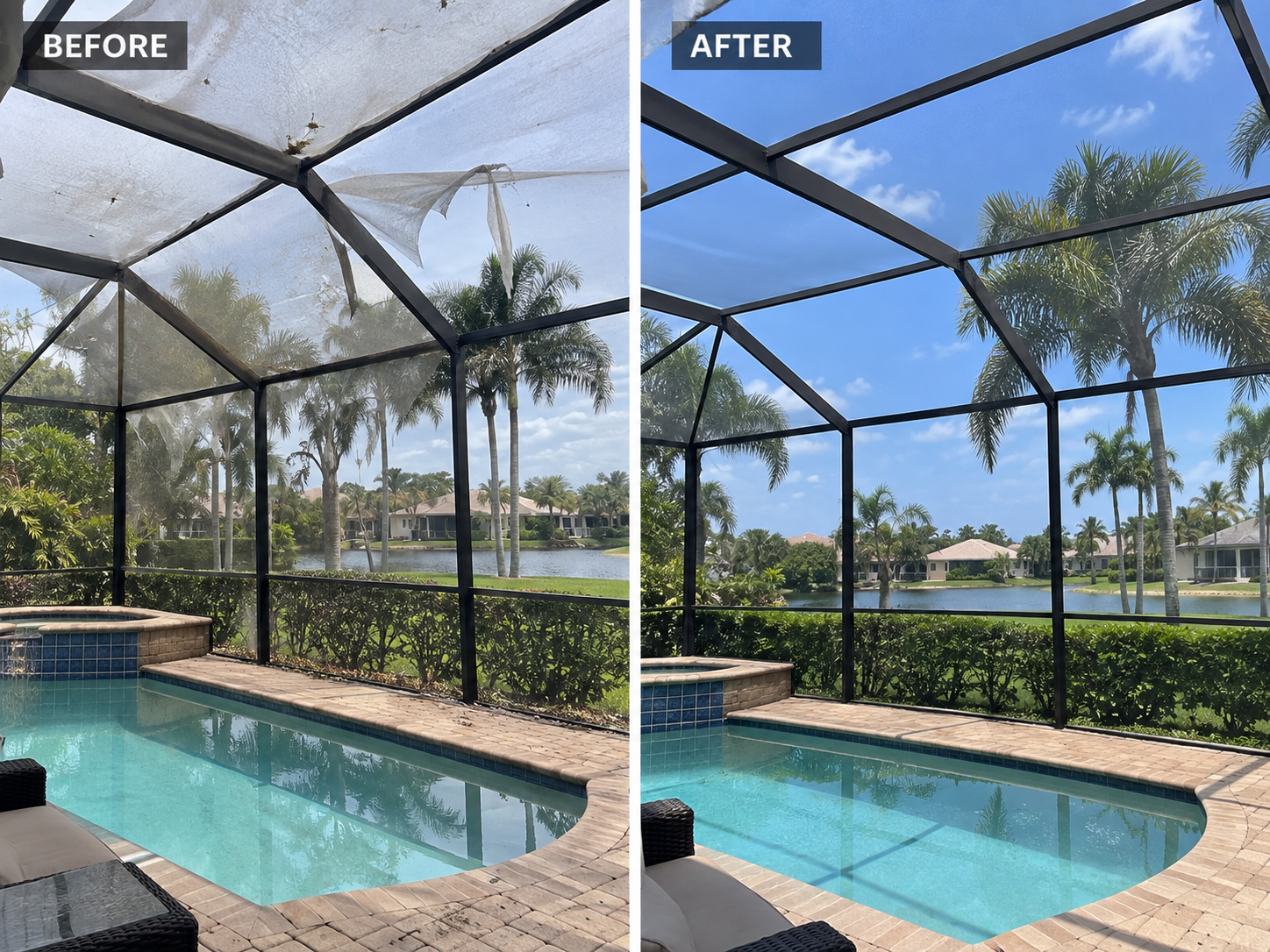 Pool cage rescreening before and after
