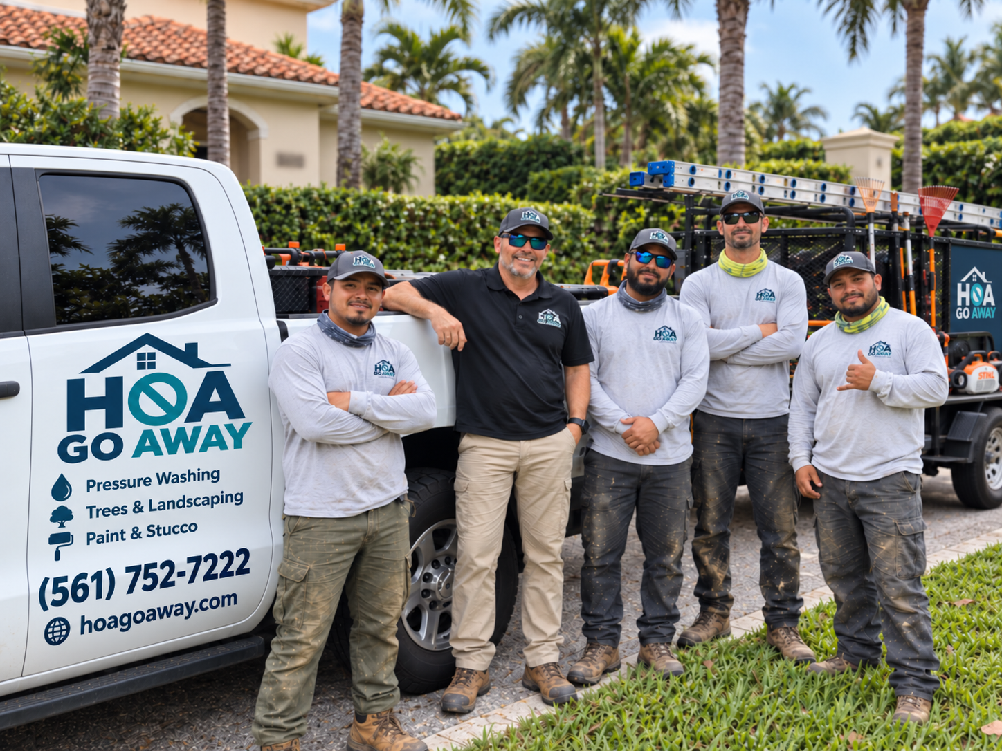 The HOA Go Away team beside their branded service truck