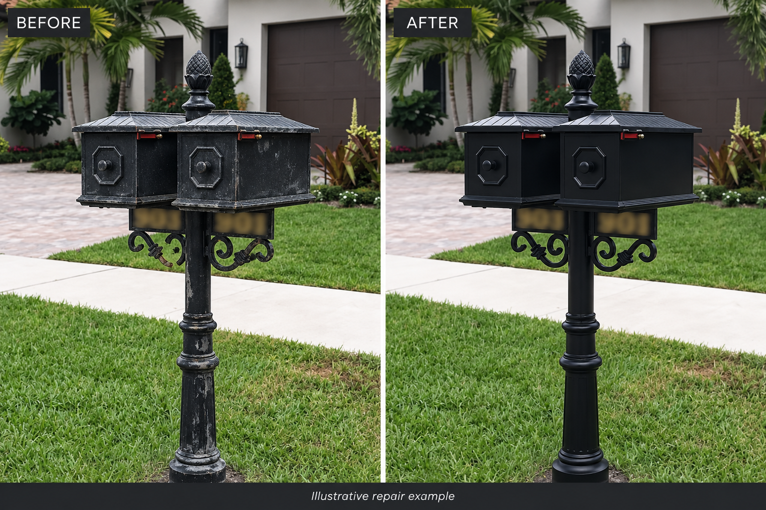 Illustrative mailbox repair before and after