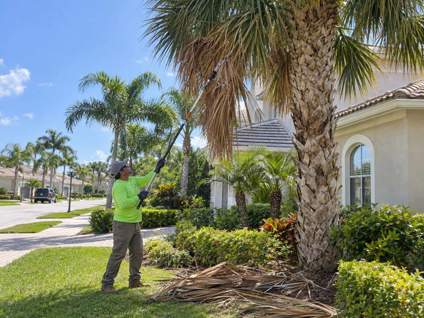 Illustration of palm trimming at a Florida property