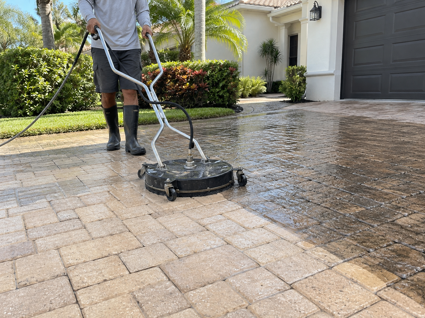 Illustration of pressure washing a paver driveway